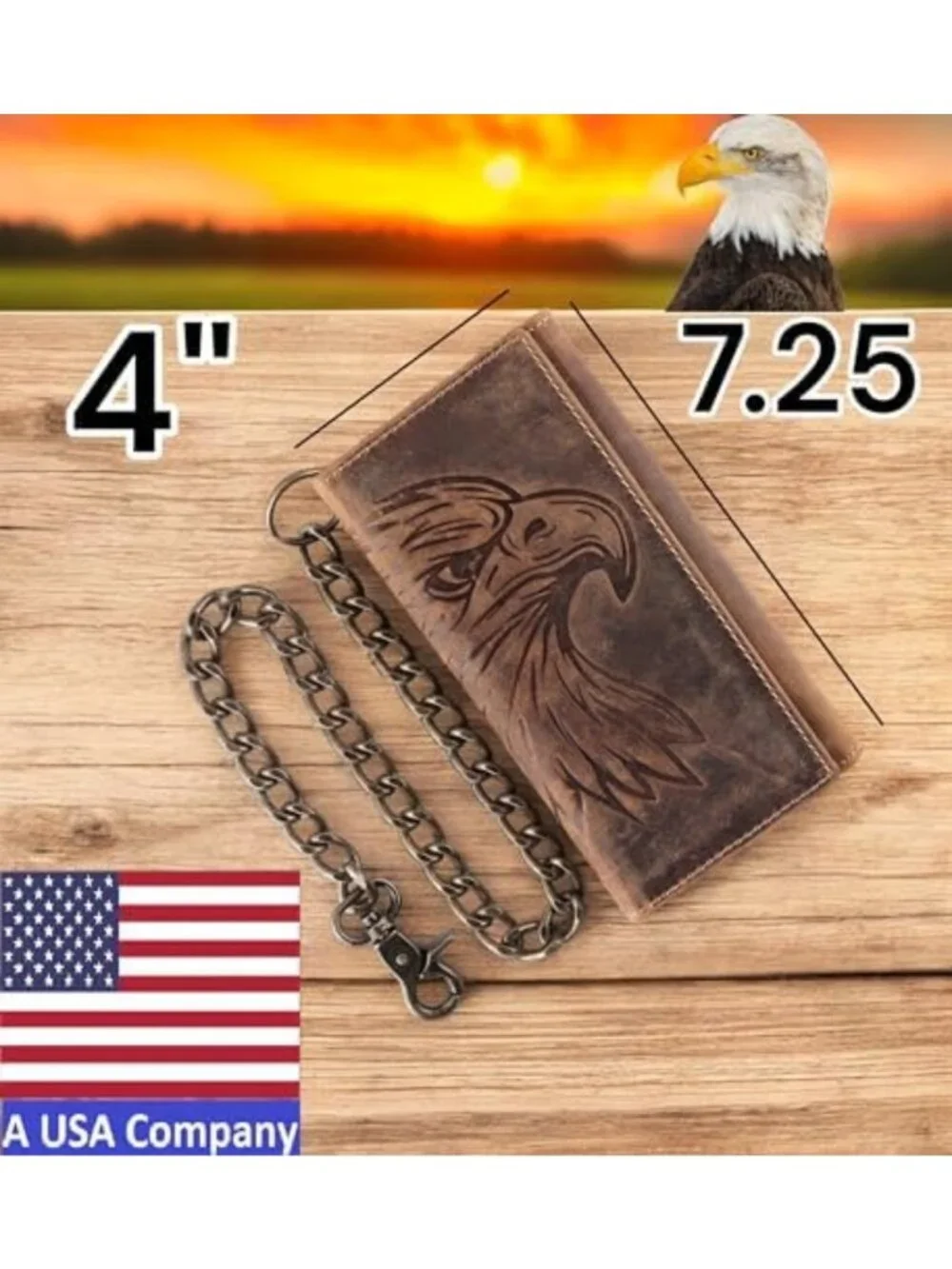 Classic RFID Blocking Men's Tri-Fold Leather Wallet with Steel Chain, Brown